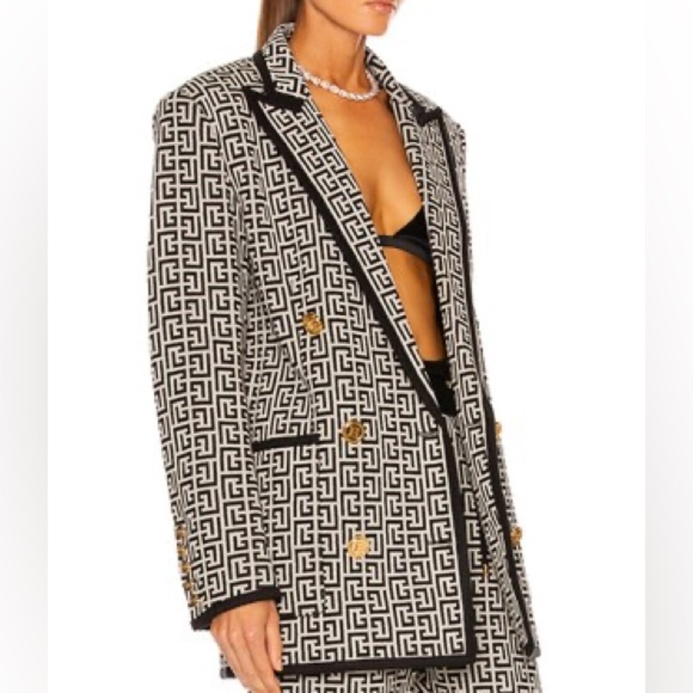 Balmain Black & White Geometric Double-Breasted Blazer - Picture 2 of 8